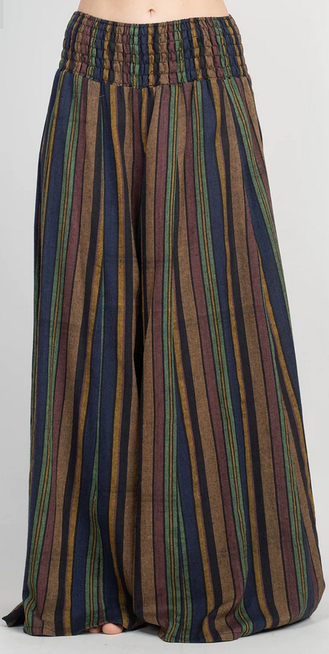 Women's Cotton Elastic Waistband Striped Wide Bell Bottom Pants - HalfMoonMusic