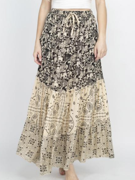 Women's Viscose 3-Tier Patchwork Elephant Skirt - HalfMoonMusic