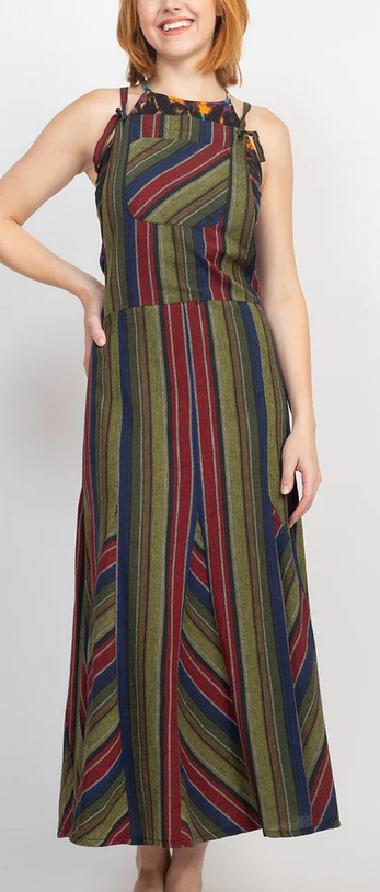 Women's Cotton Striped Low Back Strap Overall Skirt - HalfMoonMusic