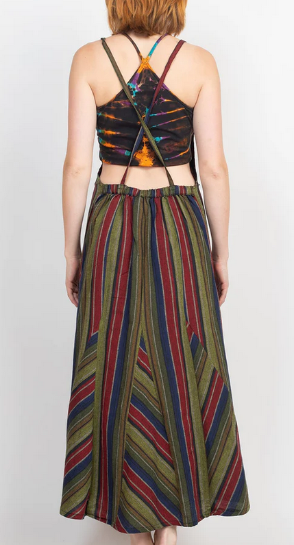 Women's Cotton Striped Low Back Strap Overall Skirt - HalfMoonMusic