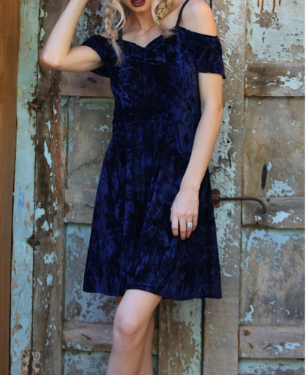 Womens Off Shoulder Velvet Short Sleeve Dress - HalfMoonMusic