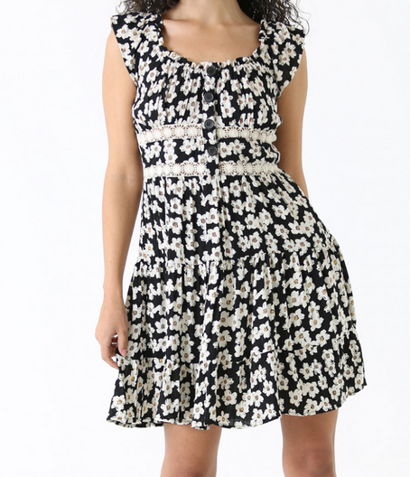 Womens Off Shoulder Short Sleeve Balck Daisy Flower Dress - HalfMoonMusic