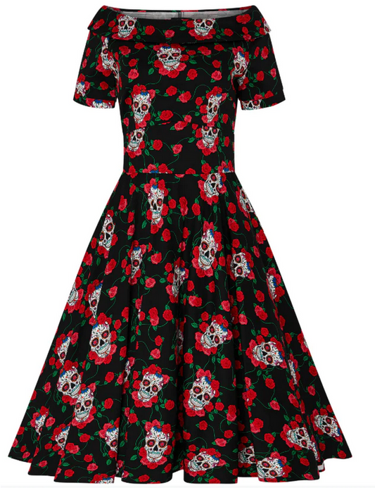 Women's Polyester Sugar Skull Roses Rockabilly Dress - HalfMoonMusic