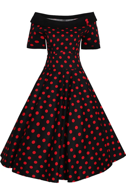 Women's Cotton Red Polka Dot Off-Shoulder Swing Dress - HalfMoonMusic