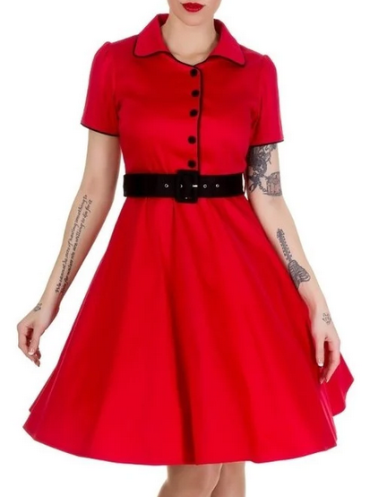 Women's Cotton Red Retro Button Shirt Dress with Belt - HalfMoonMusic