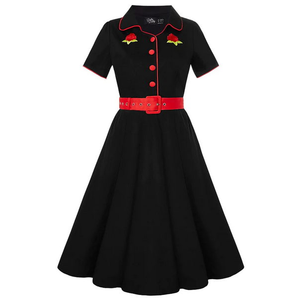 Women's Cotton Rose Embroidery Shirt Dress with Belt - HalfMoonMusic