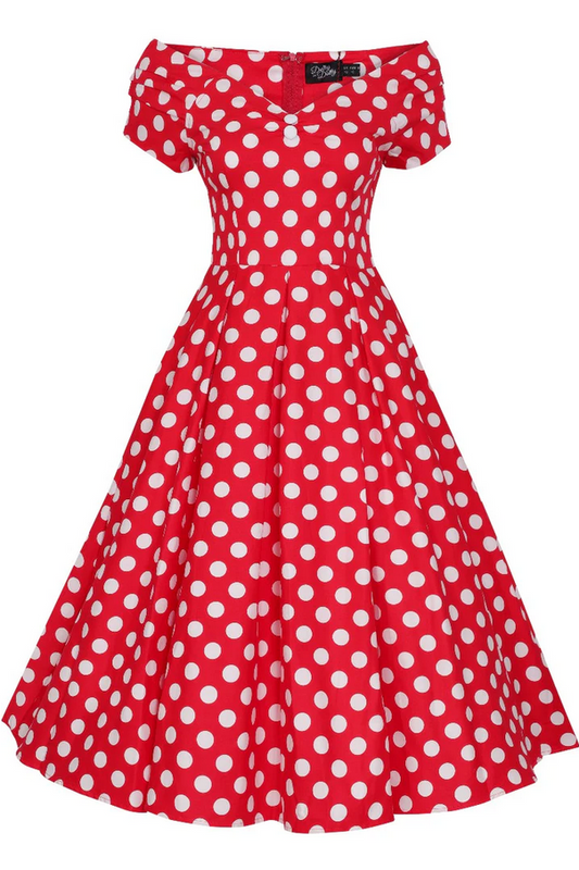 Women's Cotton Retro Red Polka Dot Off-Shoulder Swing Dress - HalfMoonMusic
