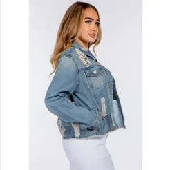 Women's Denim Long-Sleeve Super Distressed Ripped Crop Jacket - HalfMoonMusic