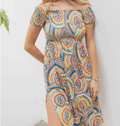 Women's Polyester Stretchy Smocked Print Off-Shoulder Dress - HalfMoonMusic