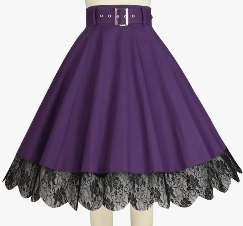 Women's Cotton Belted Lace Accent Gothic Skirt - HalfMoonMusic