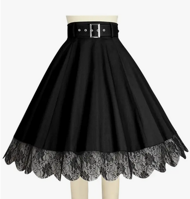 Women's Cotton Belted Lace Accent Gothic Skirt - HalfMoonMusic