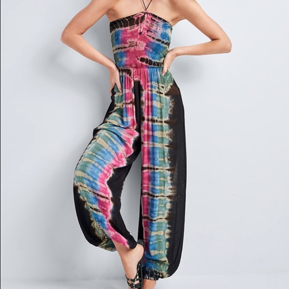 Women's Rayon Tie-Dye Smocked Sleeveless Jumpsuit - HalfMoonMusic