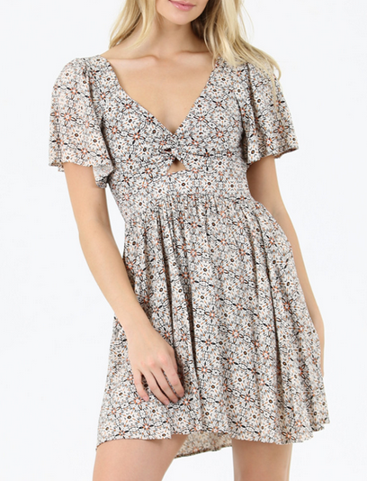 Women's Rayon Ruffle Sleeve Pattern Twist Front Dress - HalfMoonMusic