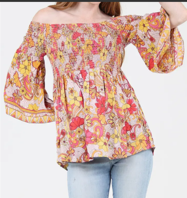 Pink Vintage Floral Off Shoulder Smocked Bell Sleeve Shirt - HalfMoonMusic