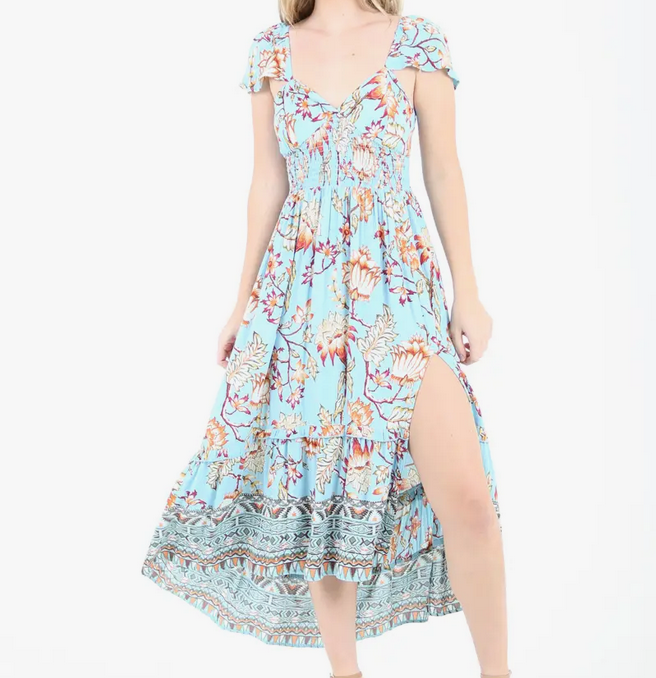 Floral Maxi Dress with Flutter Sleeves - HalfMoonMusic
