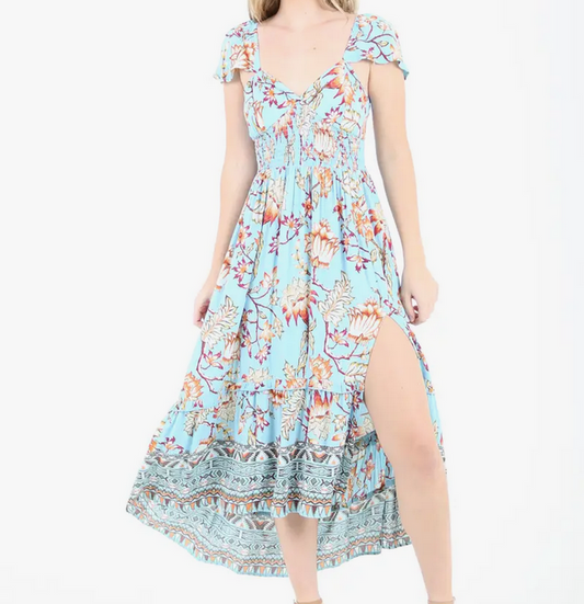 Floral Maxi Dress with Flutter Sleeves - HalfMoonMusic
