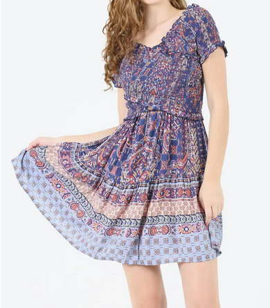 Multi Print Smocked Criss Cross Dress - HalfMoonMusic
