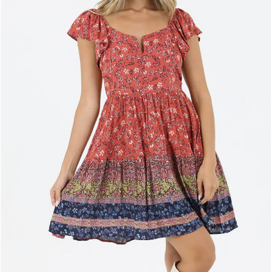 Notch Neck Multi Printed Dress - HalfMoonMusic