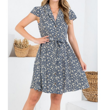 Women's Polyester Collared Vintage Floral Print Button Dress - HalfMoonMusic