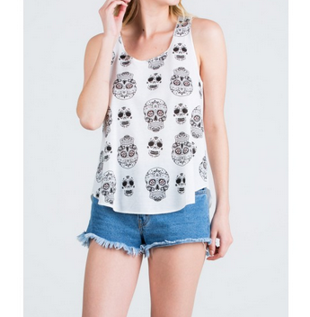 Women's Cotton All Over Sugar Skull Tank Top - HalfMoonMusic