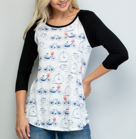 Women's Rayon Long Sleeve Bicycle Print Raglan Shirt - HalfMoonMusic
