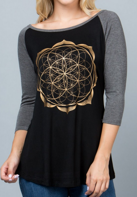 Women's Rayon Long Sleeve Seed of Life Mandala Raglan Shirt - HalfMoonMusic