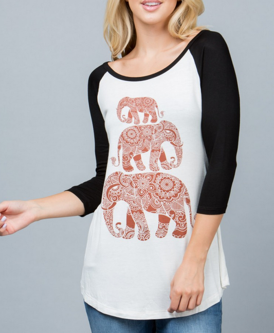 Women's Rayon Long Sleeve Three Elephants Raglan Shirt - HalfMoonMusic