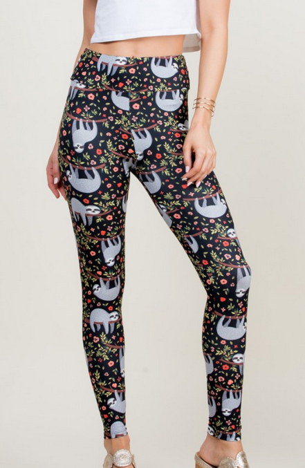 Women's Polyester Spandex All Over Sloth Print Leggings - HalfMoonMusic