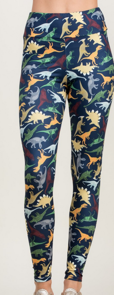 Women's Polyester Spandex Dinosaur All Over Print Leggings - HalfMoonMusic