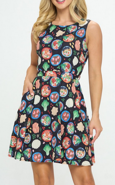 Women's Polyester Sleeveless Ramen Vegetables All Over Print Dress - HalfMoonMusic