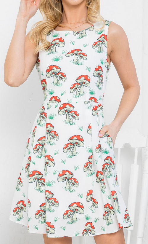 Women's Polyester Old School Toadstool Mushroom All Over Print Dress - HalfMoonMusic