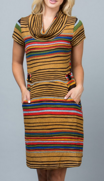 Women's Cotton Horizontal Stripe Large Neck Button Dress - HalfMoonMusic