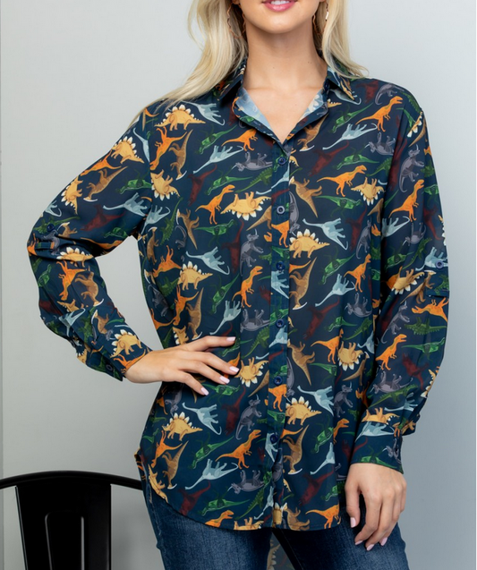 Women's Polyester Dinosaur All Over Print Button-Down Shirt - HalfMoonMusic