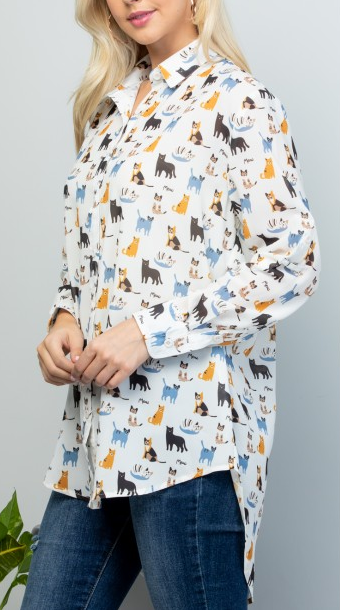 Women's Polyester Long Sleeve Cat All Over Print Button-Down Shirt - HalfMoonMusic