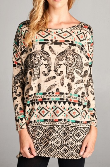 Women's Cotton Long Sleeve Tribal Elephant Print Sweater - HalfMoonMusic