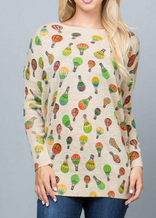 Women's Cotton Long Sleeve Hot Air Balloon All Over Print Sweater - HalfMoonMusic
