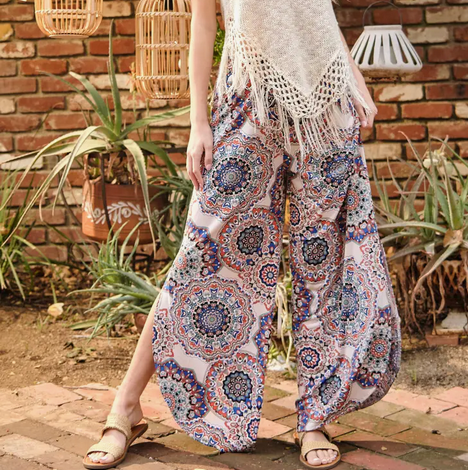 Smocking Waist Side Slit Round Hem Pants - HalfMoonMusic
