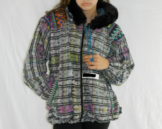 Unisex Cotton Fleece Lined Brocade Patchwork Hoodie W/ Fur Hood Lining - HalfMoonMusic