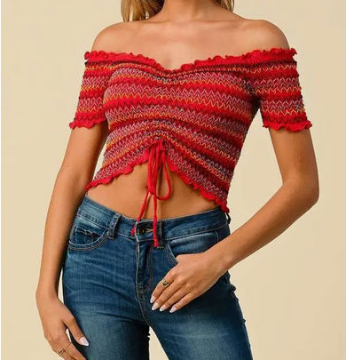 Front Ruching Multi Color Smocked Off-Shoulder Top - HalfMoonMusic