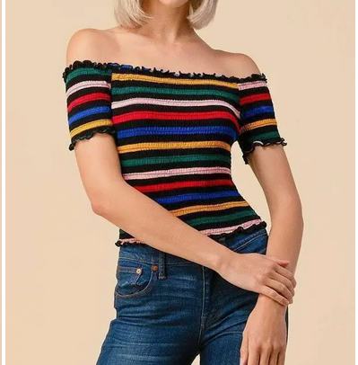 Stripped Off- Shoulder Smocked Crop Top - HalfMoonMusic
