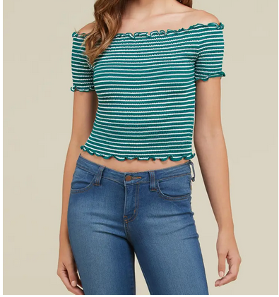 Stripped Off- Shoulder Smocked Crop Top - HalfMoonMusic