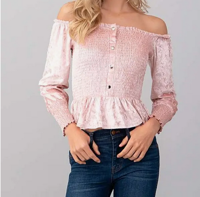 Smocked Crushed Velvet Button Down Top - HalfMoonMusic