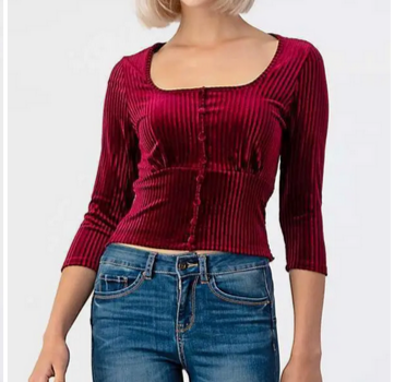 Velvet Front Cover Button Sleeve Top - HalfMoonMusic