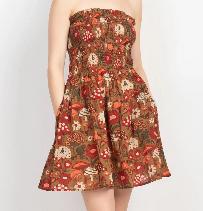 Women's Cotton Mushroom Print Sleeveless Stretch Mini Dress - HalfMoonMusic