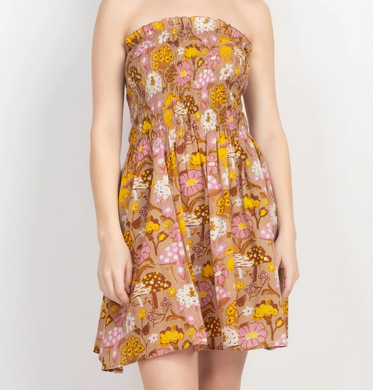 Women's Cotton Mushroom Print Sleeveless Stretch Mini Dress - HalfMoonMusic