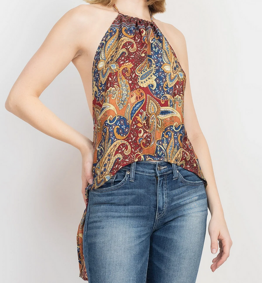 Women's Poly Silk Paisley Floral Backless Tie-Back Halter Top - HalfMoonMusic