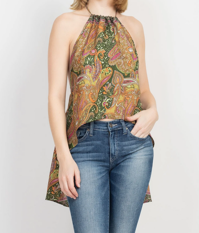 Women's Poly Silk Paisley Floral Backless Tie-Back Halter Top - HalfMoonMusic