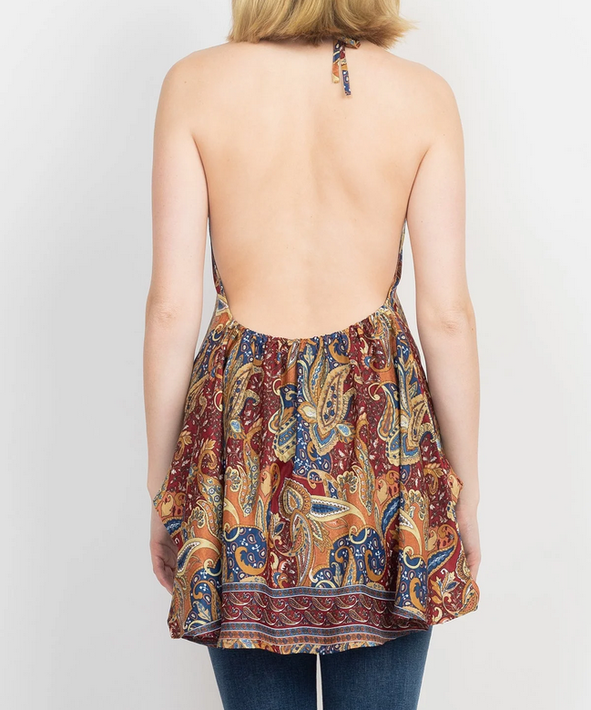 Women's Poly Silk Paisley Floral Backless Tie-Back Halter Top - HalfMoonMusic