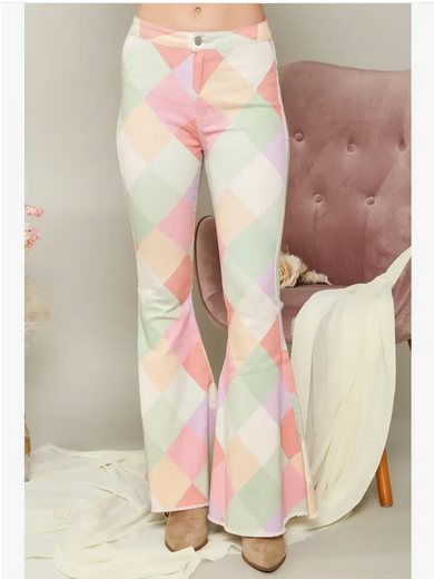 Women's Multicolored Diamond Bell Bottoms - HalfMoonMusic