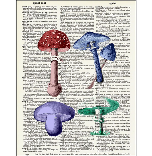 Colorful Mushrooms Dictionary Page Art Print - HalfMoonMusic